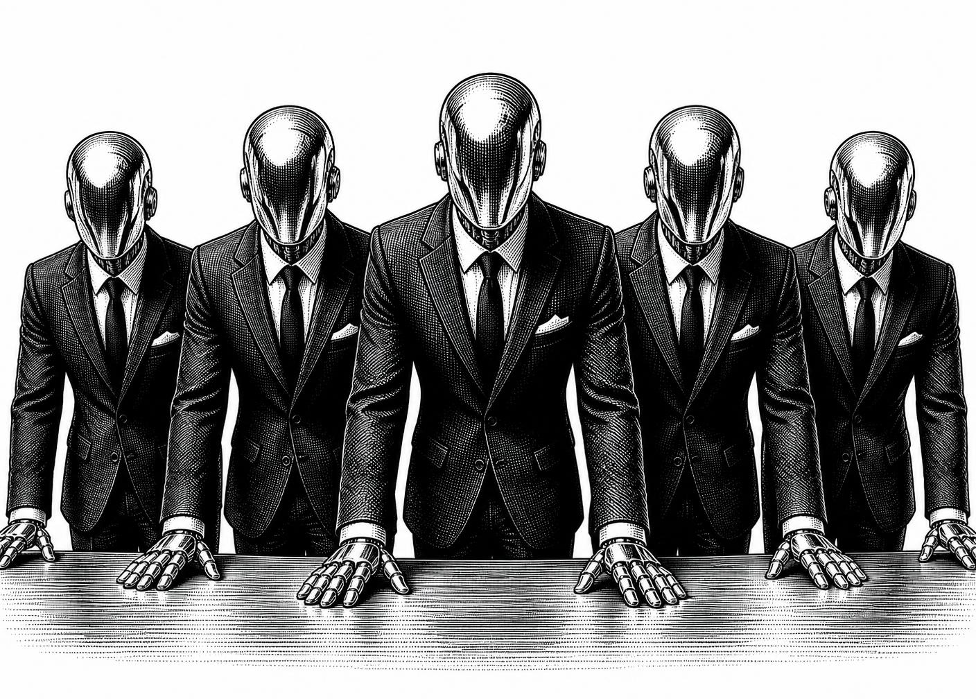 Ilustração de figuras idênticas de terno em fileira